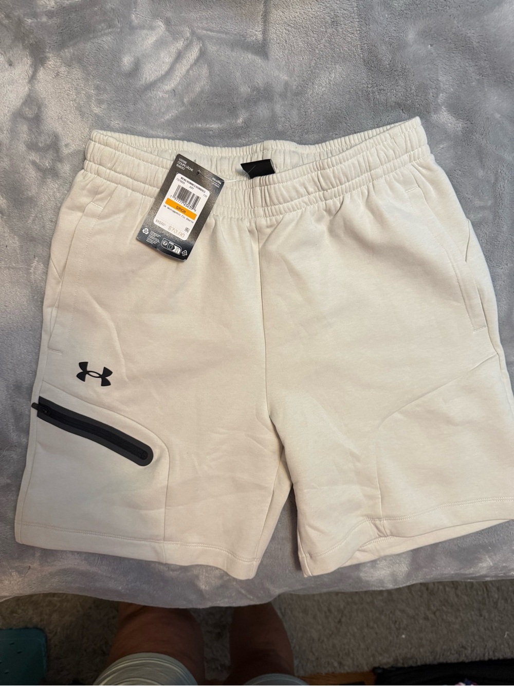 Under Armour Men’s Unstoppable Fleece Shorts — Light Tan with Black Accents